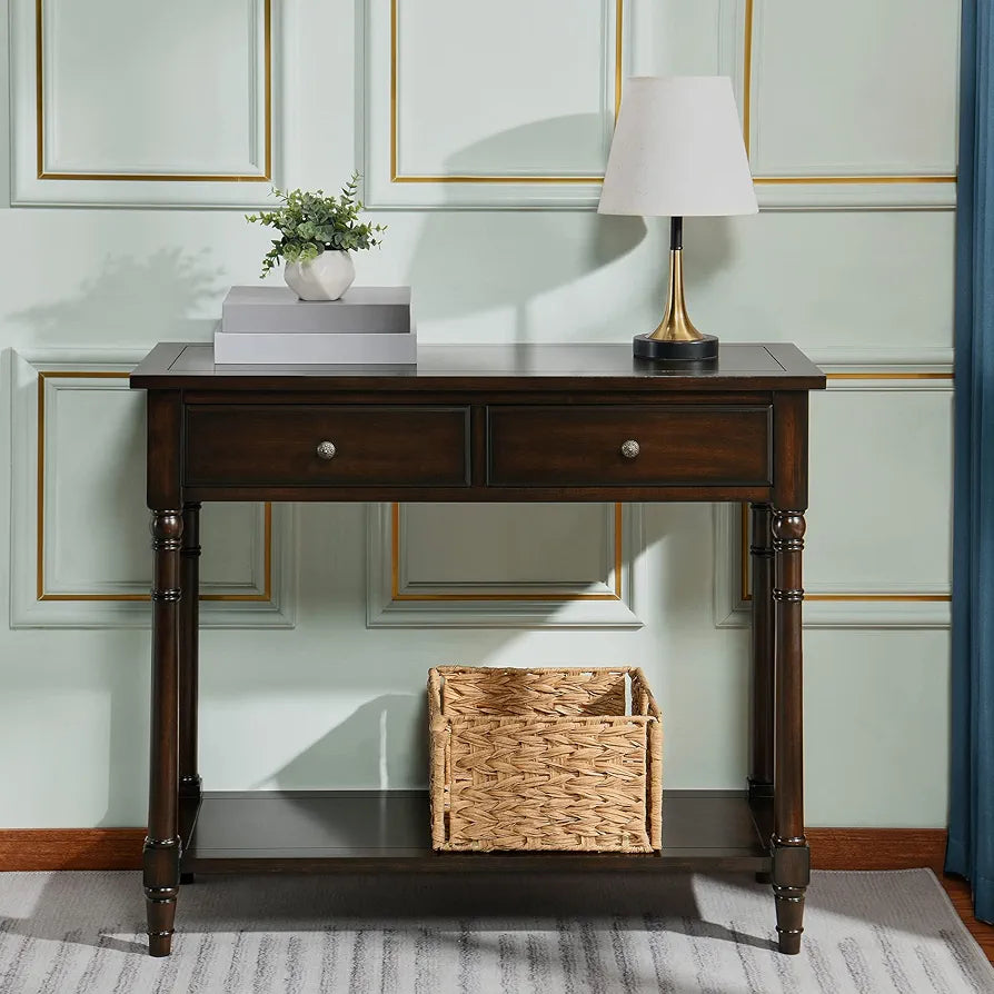 Solid Wood Console Entry Table with 2 Drawers, Hallway Tables with Storage Shelf, Narrow Sofa Side Table- for Blank Wall, Small Space 90 x 35 x 76.5 cm