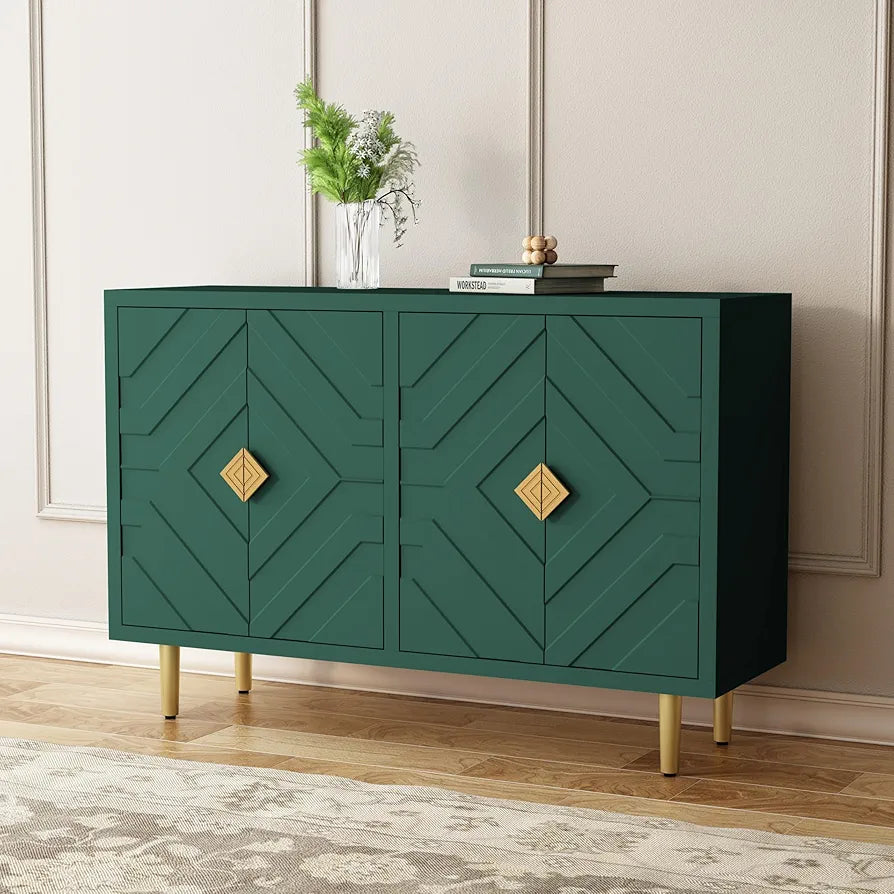 Sideboard with 4 Doors and Shelves, Buffet Table Storage Cabinet Morden Kitchen Cupboard for Kitchen, Living Room, Dining Room, Hallway,Green