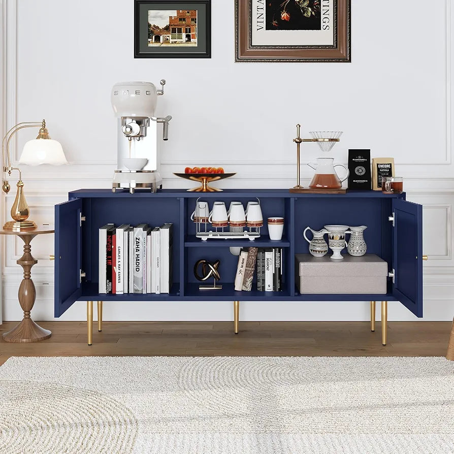 Cabinet 55 Inch, Fluted Modern Wooden TV Console Unit with Storage and 2 Doors, Blue Cabinets for 55/60/65 Inch Television, TV Tables for Living Room, Bedroom