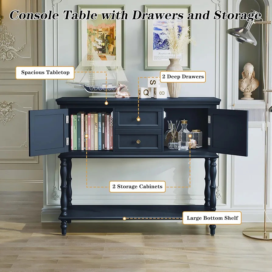 Console Table with Drawers and Storage Cabinets, Blue Entryway Table Wooden Narrow Console & Sofa Tables for Hallway, Living Room, Bedroom