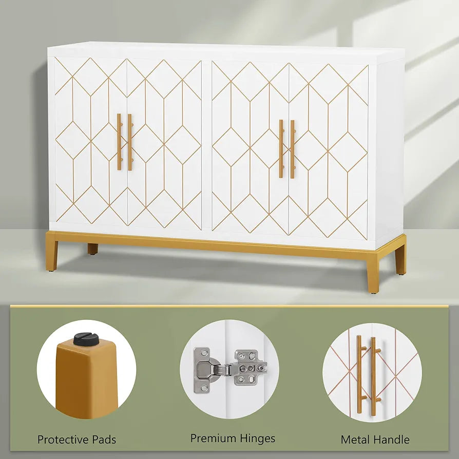 Wooden Kitchen Sideboard, Cabinet Storage Cupboard with 4 Doors, Modern Storage Cabinet with Gold Trim, Buffet Cabinet for Living Room, Kitchen, Dining Room, Hallway,White