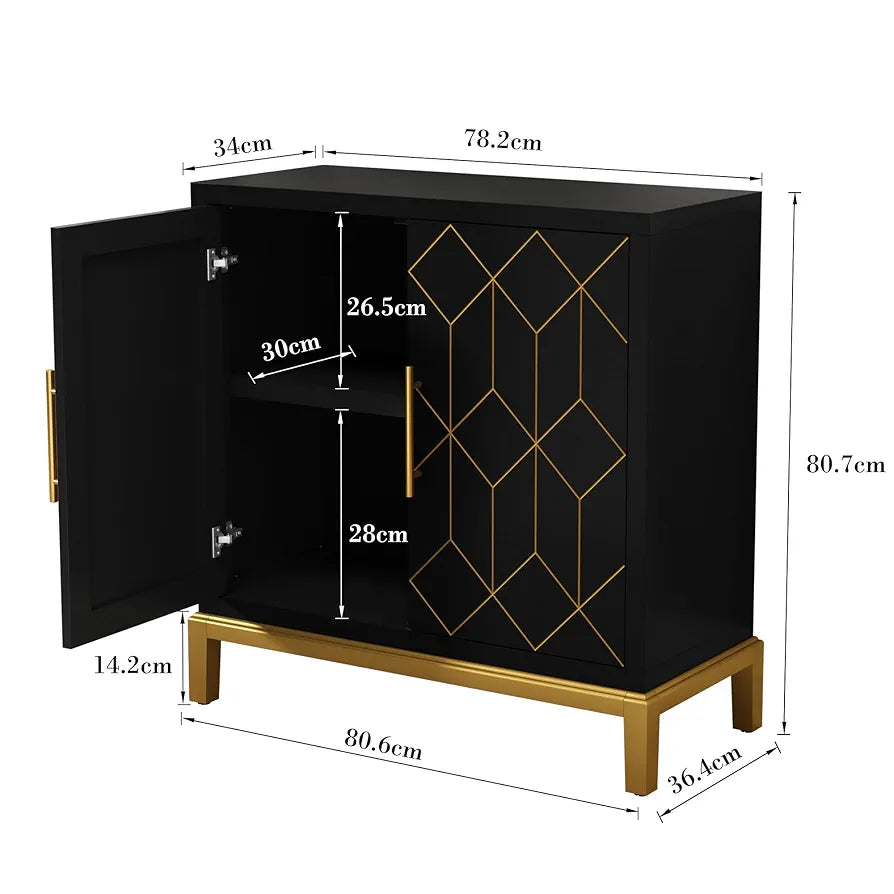 Wooden Kitchen Sideboard, Cabinet Storage Cupboard with 4 Doors, Modern Storage Cabinet with Gold Trim, Buffet Cabinet for Living Room, Kitchen, Dining Room, Hallway,