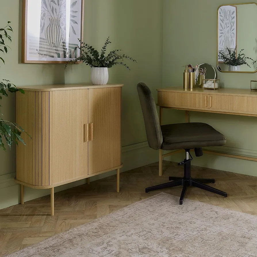 Sideboard for Living Room - Tambour Cabinet with Sliding Doors & 3 Shelves - Modern Scandi Look Living Room Storage Cupboard - Light Wood Effect Slatted Side Board for Hallway