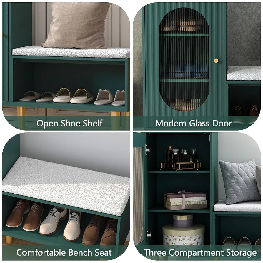 Storage Bench with Seat, Glass Door Storage Cabinet, Modern L-Shaped Shoe Rack Green Cabinet for Hallway, Entryway, Bedroom, Living Room