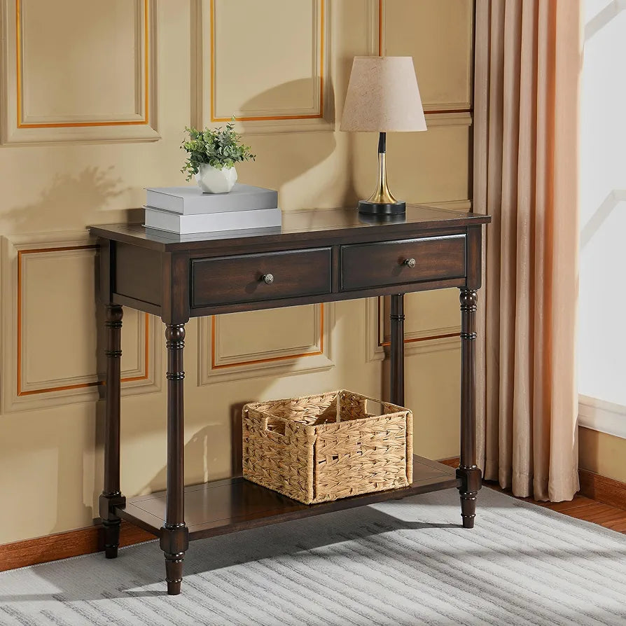 Solid Wood Console Entry Table with 2 Drawers, Hallway Tables with Storage Shelf, Narrow Sofa Side Table- for Blank Wall, Small Space 90 x 35 x 76.5 cm