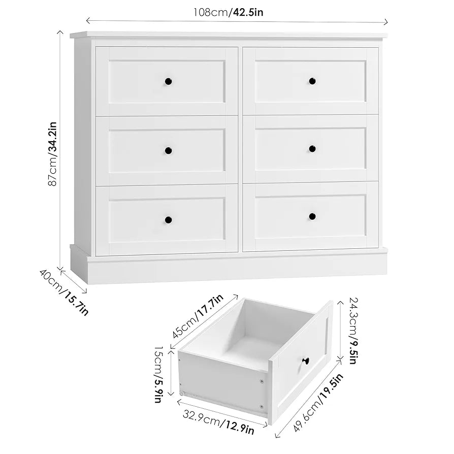 Bedroom Chest of Drawers White Storage Cabinet with 6 Drawers White Sideboard Dresser Drawers for Living Room Hallway 108x40x87cm
