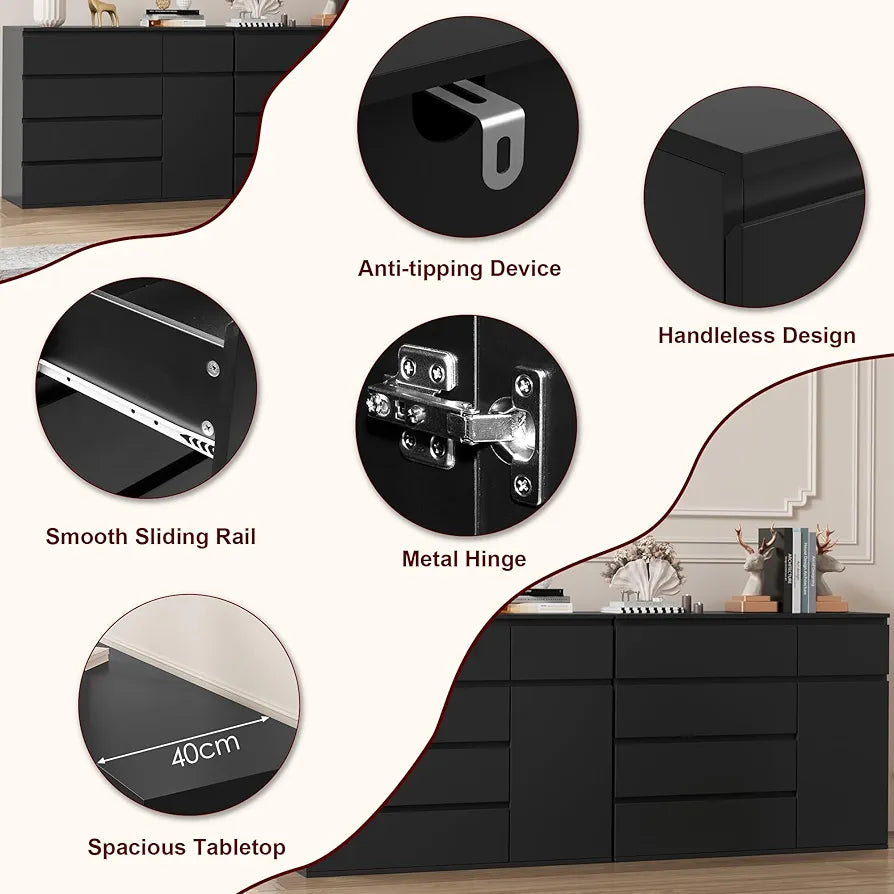 Bedroom Chest of Drawers Black Chest of Drawers with 5 Drawers 1 Door Large Storage Cabinet Dresser Wide Sideboard for Living Room Hallway 100x40x80cm