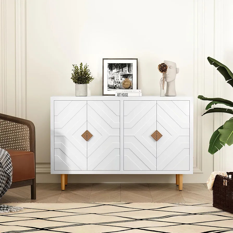 Sideboard with 4 Doors and Shelves, Buffet Table Storage Cabinet Morden Kitchen Cupboard for Kitchen, Living Room, Dining Room, Hallway,White