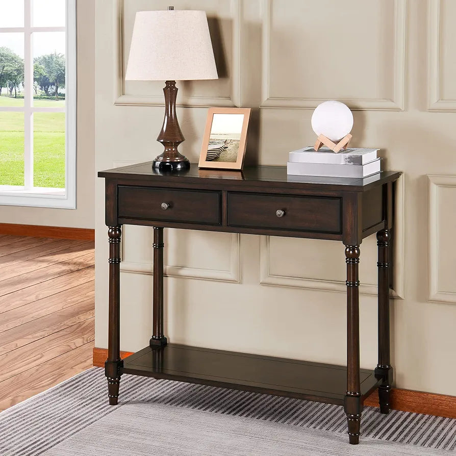 Solid Wood Console Entry Table with 2 Drawers, Hallway Tables with Storage Shelf, Narrow Sofa Side Table- for Blank Wall, Small Space 90 x 35 x 76.5 cm