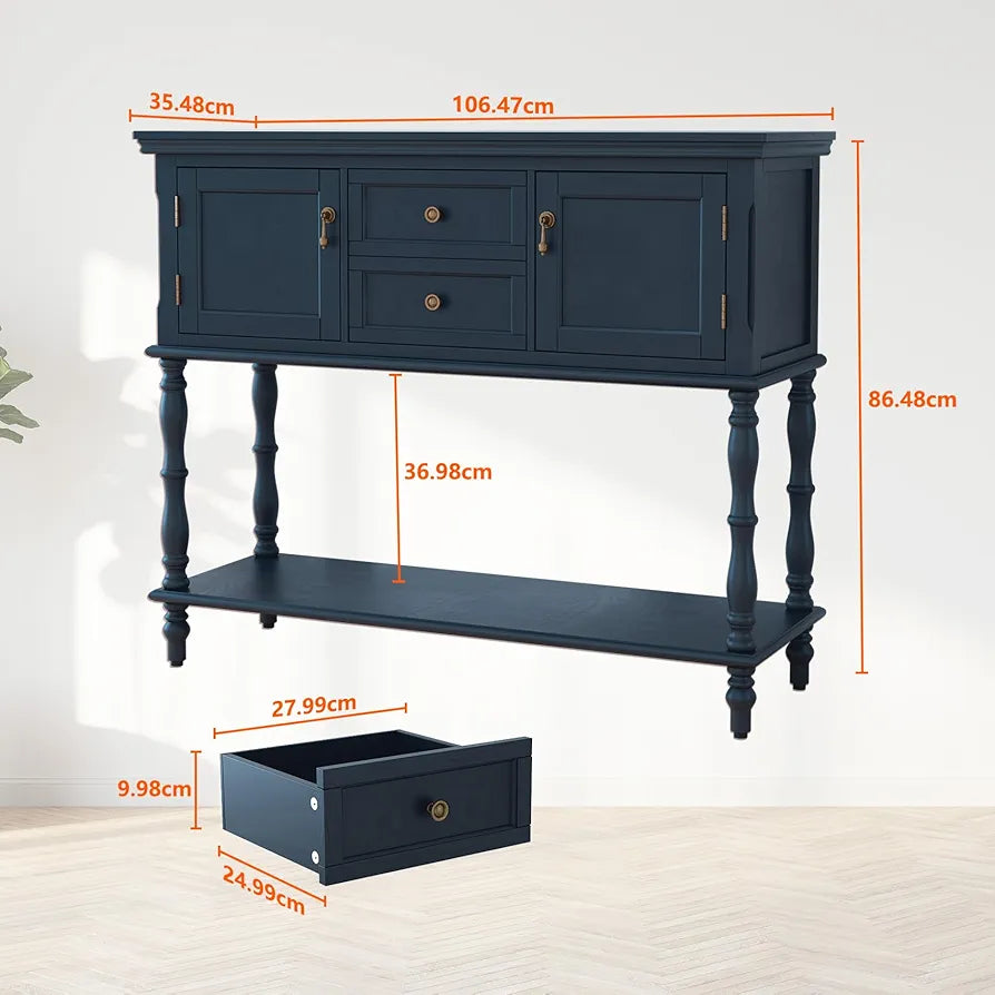 Console Table with Drawers and Storage Cabinets, Blue Entryway Table Wooden Narrow Console & Sofa Tables for Hallway, Living Room, Bedroom