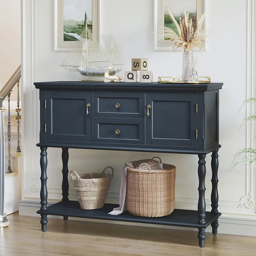 Console Table with Drawers and Storage Cabinets, Blue Entryway Table Wooden Narrow Console & Sofa Tables for Hallway, Living Room, Bedroom