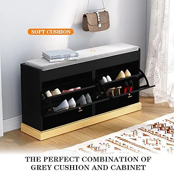 Storage with Seat, Black Shoe Cabinet Cupboard with Cushion & Flip-Drawer, Shoes Storage Cabinet for Hallway, Entryway