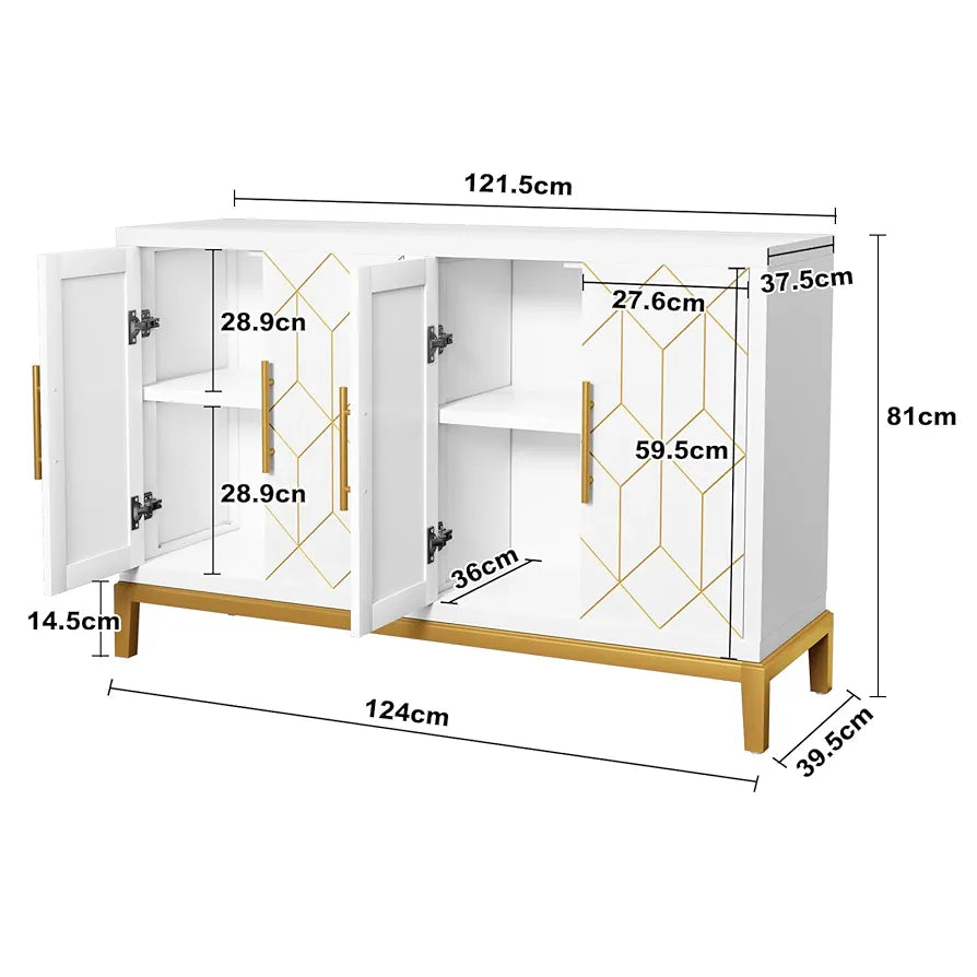 Wooden Kitchen Sideboard, Cabinet Storage Cupboard with 4 Doors, Modern Storage Cabinet with Gold Trim, Buffet Cabinet for Living Room, Kitchen, Dining Room, Hallway,White