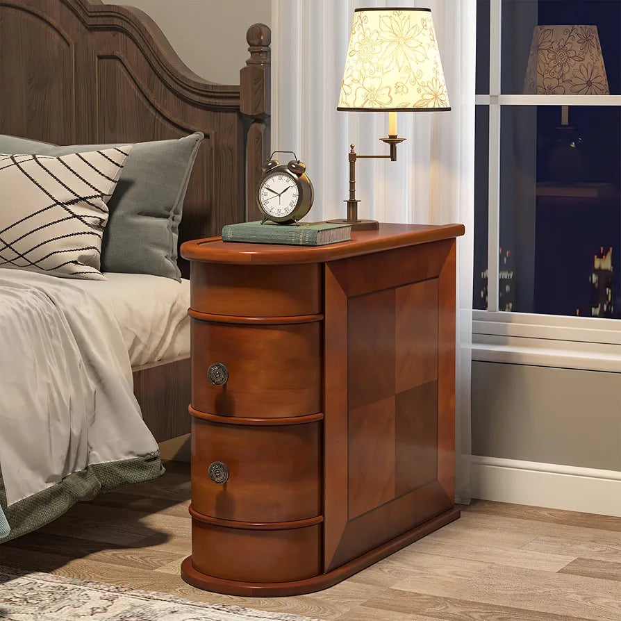Solid Wood Side Table, 2-Drawer Narrow End Table Slim Chair Side Table, Bedside Tables, No Assembly Required, Finished Back, Walnut