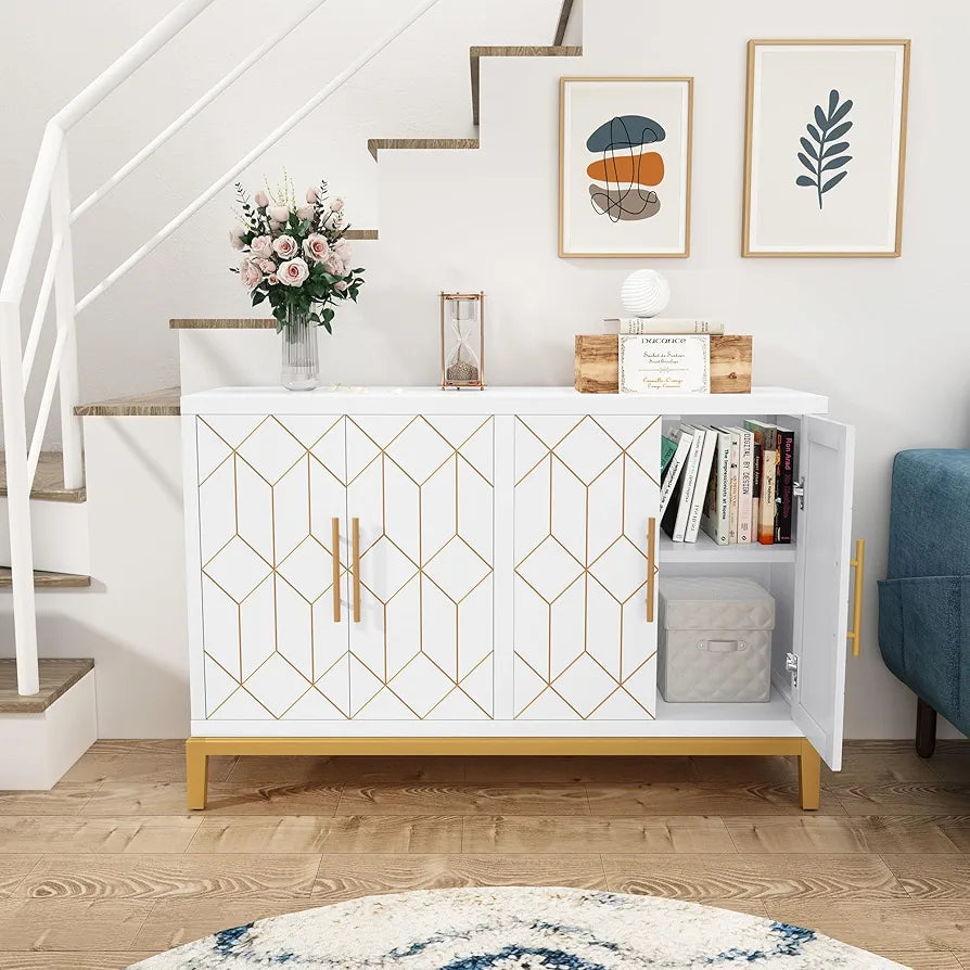 Wooden Kitchen Sideboard, Cabinet Storage Cupboard with 4 Doors, Modern Storage Cabinet with Gold Trim, Buffet Cabinet for Living Room, Kitchen, Dining Room, Hallway,White