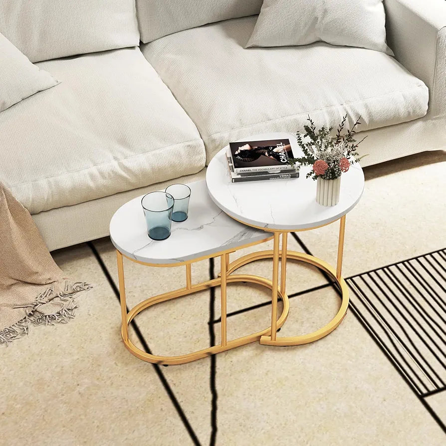 Nesting Coffee Tables Set of 2, Marble Effect Stackable Sofa Side Table, Metal Frame Accent Snack Tea End Table for Living Room, Bedroom and Balcony (Marble+Golden, 50cm Round+60cm Oval)