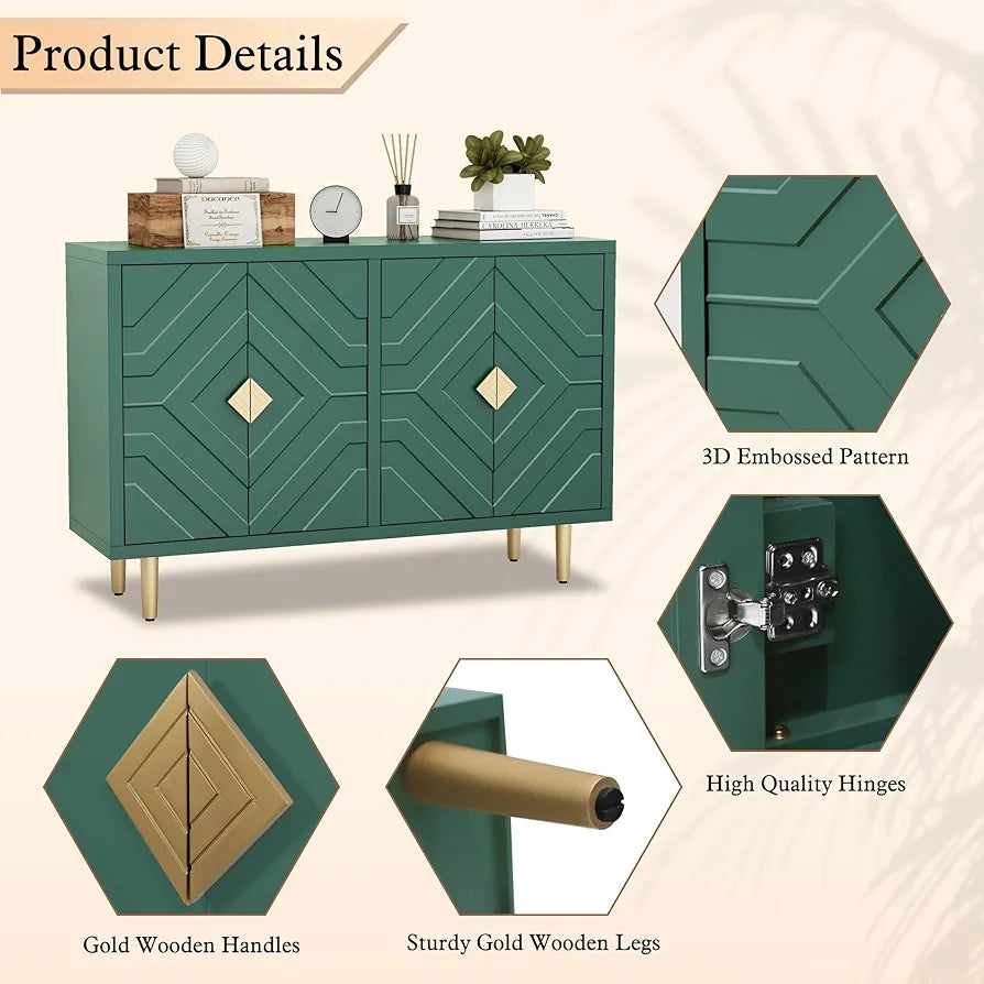 Sideboard with 4 Doors and Shelves, Buffet Table Storage Cabinet Morden Kitchen Cupboard for Kitchen, Living Room, Dining Room, Hallway,Green