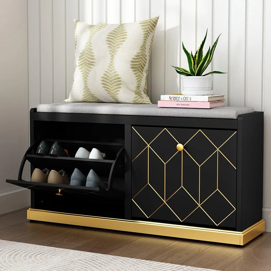 Storage with Seat, Black Shoe Cabinet Cupboard with Cushion & Flip-Drawer, Shoes Storage Cabinet for Hallway, Entryway
