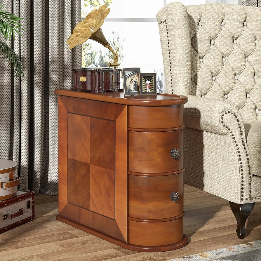 Solid Wood Side Table, 2-Drawer Narrow End Table Slim Chair Side Table, Bedside Tables, No Assembly Required, Finished Back, Walnut