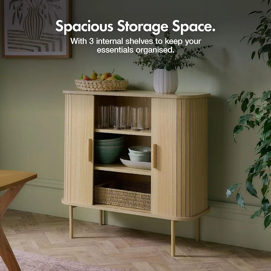 Sideboard for Living Room - Tambour Cabinet with Sliding Doors & 3 Shelves - Modern Scandi Look Living Room Storage Cupboard - Light Wood Effect Slatted Side Board for Hallway