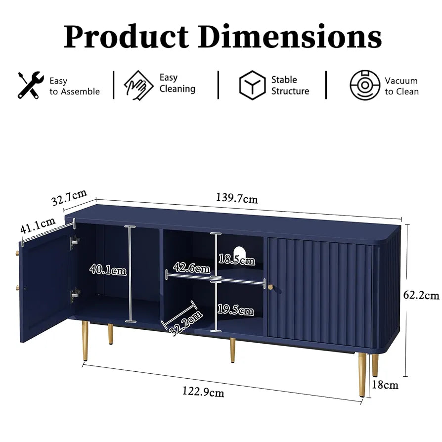 Cabinet 55 Inch, Fluted Modern Wooden TV Console Unit with Storage and 2 Doors, Blue Cabinets for 55/60/65 Inch Television, TV Tables for Living Room, Bedroom