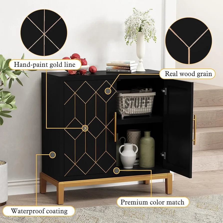Wooden Kitchen Sideboard, Cabinet Storage Cupboard with 4 Doors, Modern Storage Cabinet with Gold Trim, Buffet Cabinet for Living Room, Kitchen, Dining Room, Hallway,