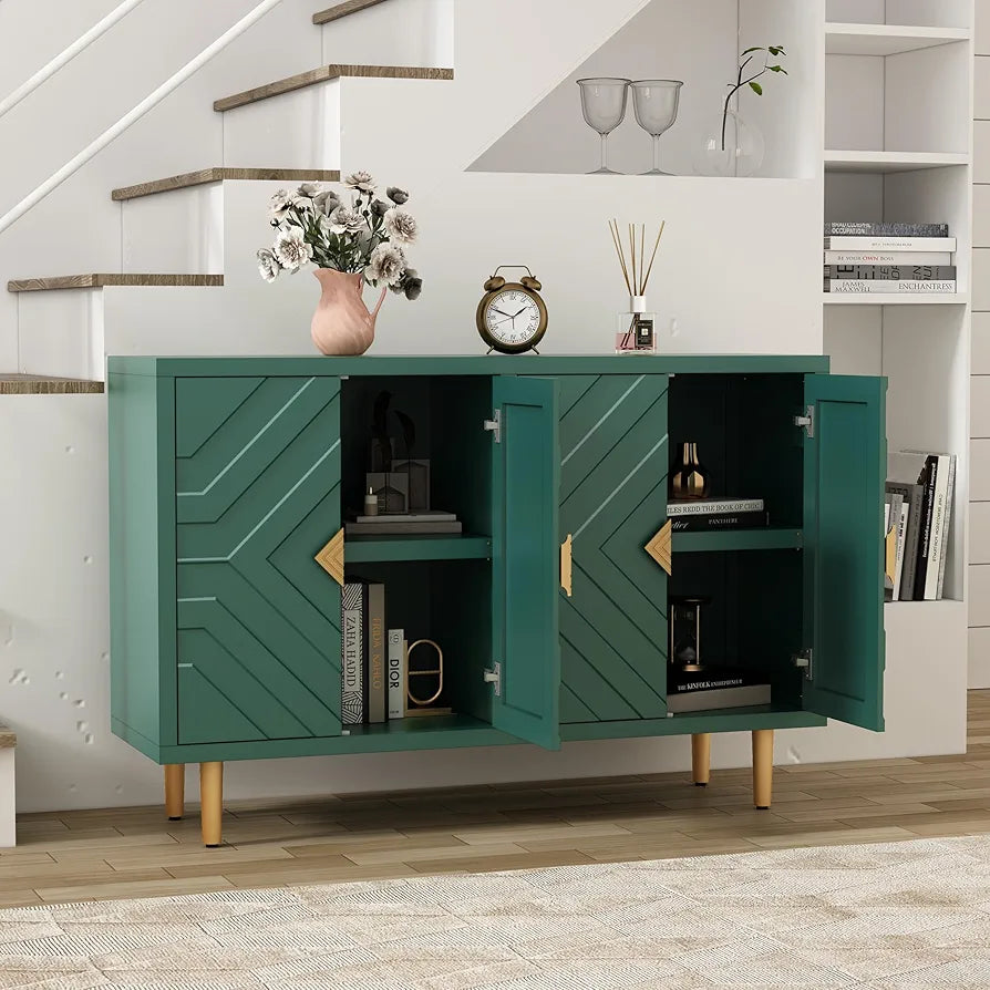 Sideboard with 4 Doors and Shelves, Buffet Table Storage Cabinet Morden Kitchen Cupboard for Kitchen, Living Room, Dining Room, Hallway,Green