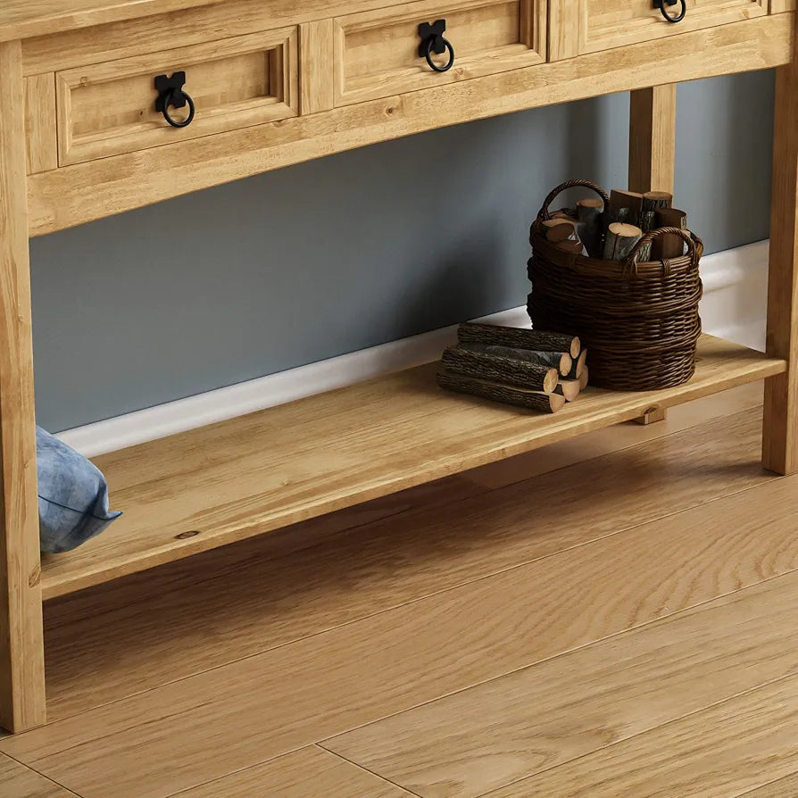 Rectangular Corona Console Table, 3 Drawer With Shelf for Extra Storage, Solid Pine Wood, Dimensions (LWH) 124 x 35 x 73 cm