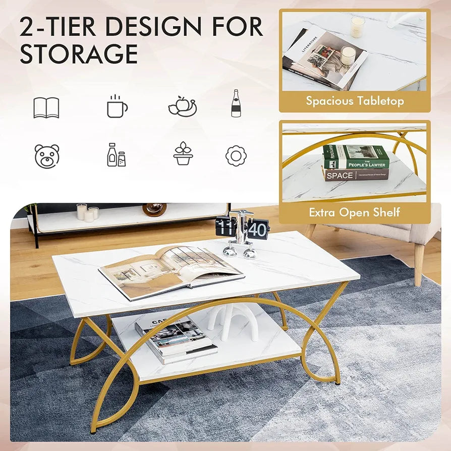 2-Tier Coffee Table, Marble Effect/Vintage Cocktail Center Table with Storage Shelf, Metal Frame Wooden Accent Sofa Side Tea Table for Living Room, Bedroom and Office (Golden & White)