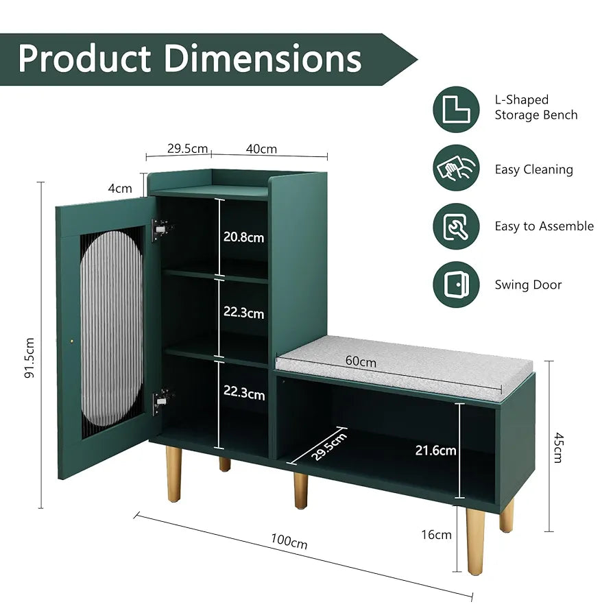 Storage Bench with Seat, Glass Door Storage Cabinet, Modern L-Shaped Shoe Rack Green Cabinet for Hallway, Entryway, Bedroom, Living Room