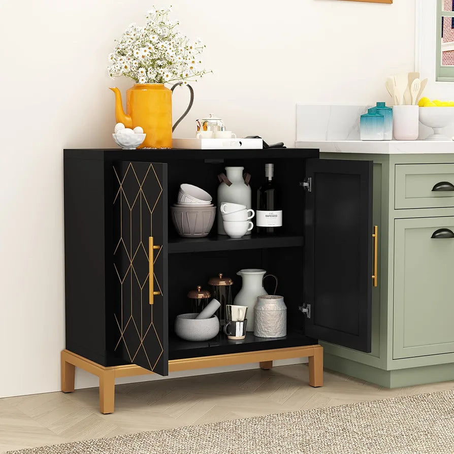 Wooden Kitchen Sideboard, Cabinet Storage Cupboard with 4 Doors, Modern Storage Cabinet with Gold Trim, Buffet Cabinet for Living Room, Kitchen, Dining Room, Hallway,