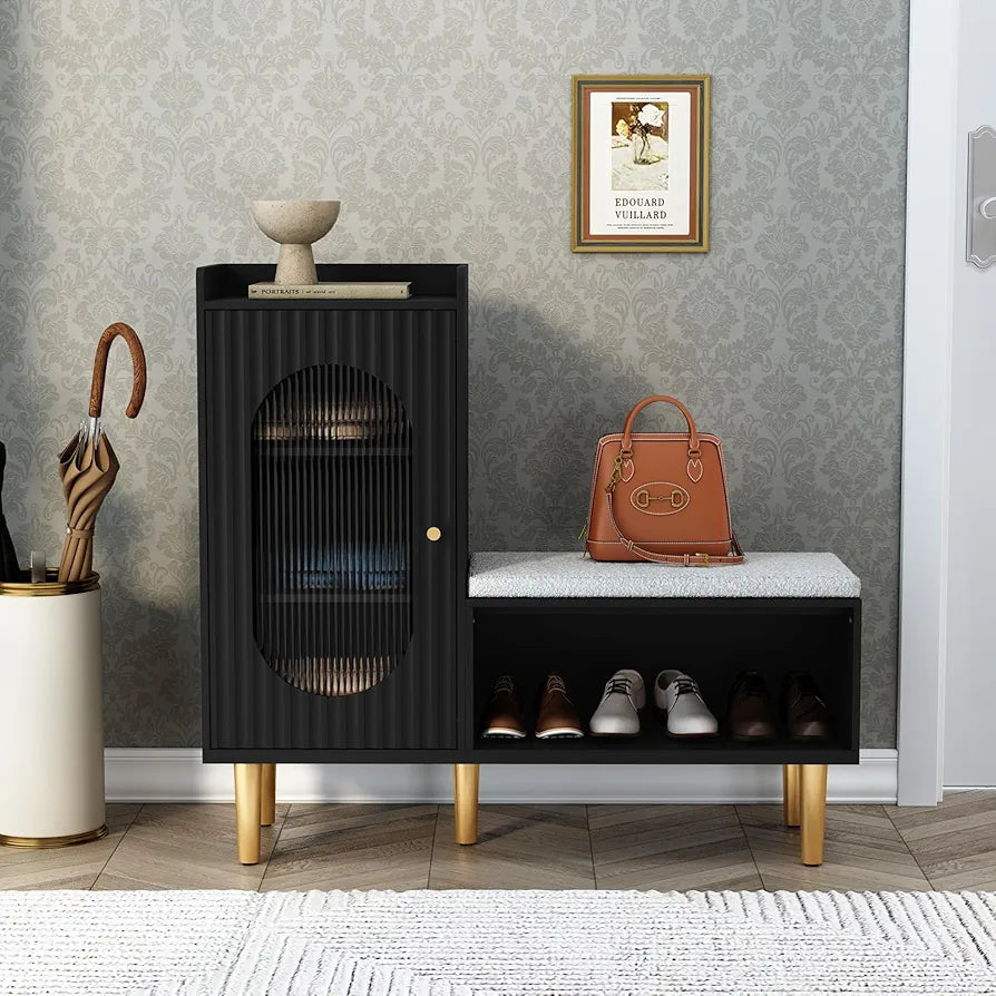 Storage Bench with Seat, Glass Door Storage Cabinet, Modern L-Shaped Shoe Rack Green Cabinet for Hallway, Entryway, Bedroom, Living Room