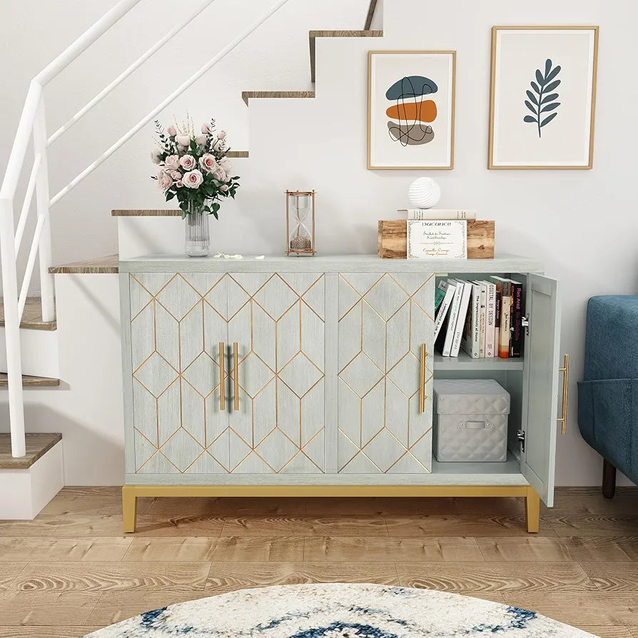 Wooden Kitchen Sideboard, Cabinet Storage Cupboard with 4 Doors, Modern Storage Cabinet with Gold Trim, Buffet Cabinet for Living Room, Kitchen, Dining Room, Hallway,Green