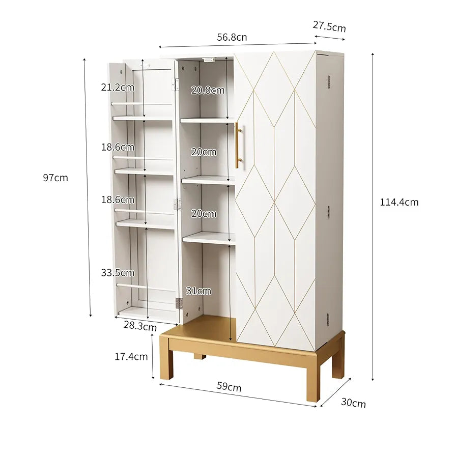 Pantry Cupboard, Freestanding Cabinet With Doors & Adjustable Shelves - White & Gold, For Kitchen, Bathroom, Living Room