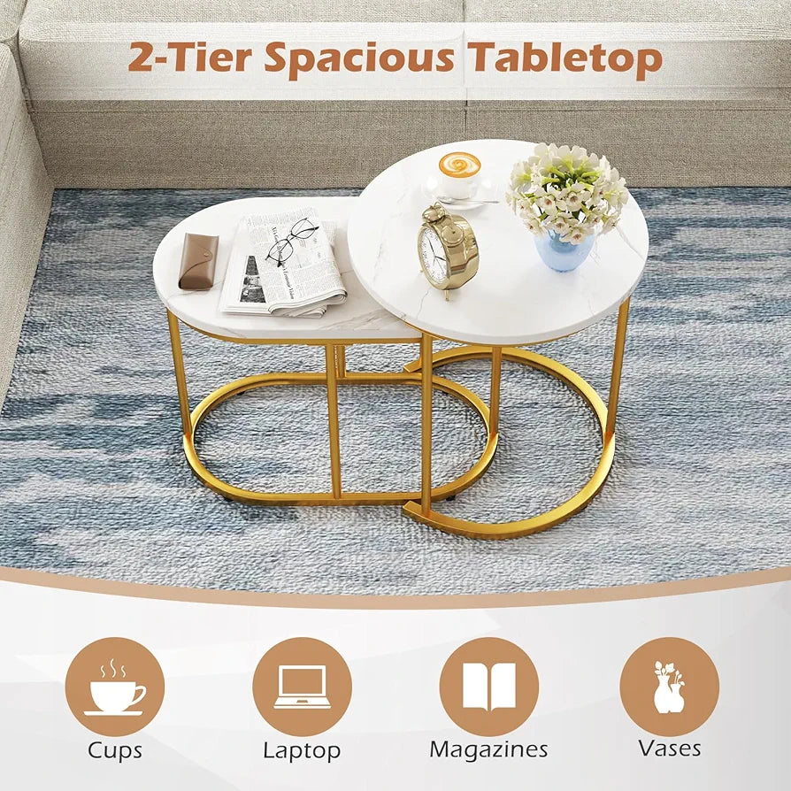 Nesting Coffee Tables Set of 2, Marble Effect Stackable Sofa Side Table, Metal Frame Accent Snack Tea End Table for Living Room, Bedroom and Balcony (Marble+Golden, 50cm Round+60cm Oval)