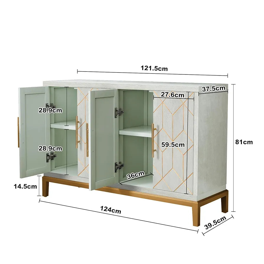 Wooden Kitchen Sideboard, Cabinet Storage Cupboard with 4 Doors, Modern Storage Cabinet with Gold Trim, Buffet Cabinet for Living Room, Kitchen, Dining Room, Hallway,Green