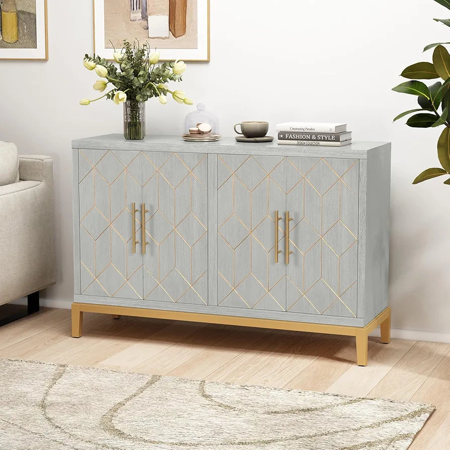 Wooden Kitchen Sideboard, Cabinet Storage Cupboard with 4 Doors, Modern Storage Cabinet with Gold Trim, Buffet Cabinet for Living Room, Kitchen, Dining Room, Hallway,Green