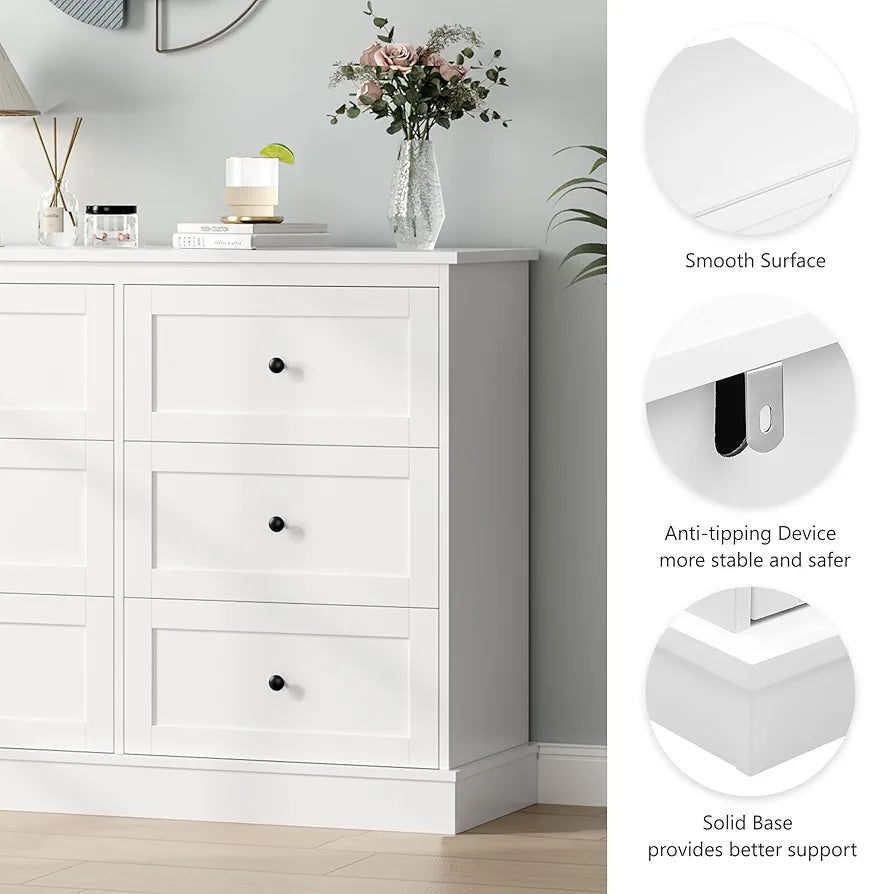 Bedroom Chest of Drawers White Storage Cabinet with 6 Drawers White Sideboard Dresser Drawers for Living Room Hallway 108x40x87cm