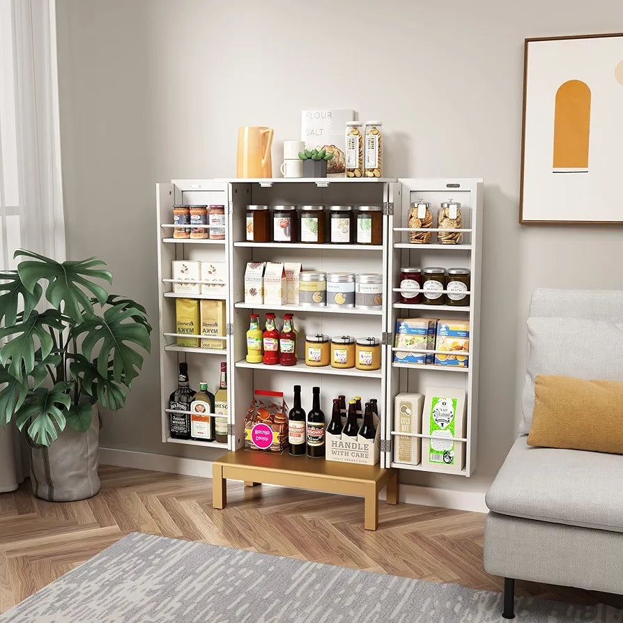 Pantry Cupboard, Freestanding Cabinet With Doors & Adjustable Shelves - White & Gold, For Kitchen, Bathroom, Living Room