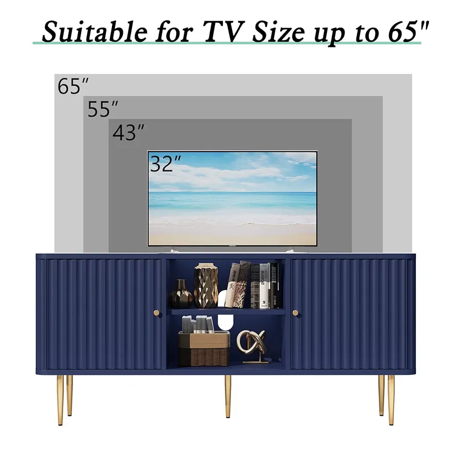 Cabinet 55 Inch, Fluted Modern Wooden TV Console Unit with Storage and 2 Doors, Blue Cabinets for 55/60/65 Inch Television, TV Tables for Living Room, Bedroom