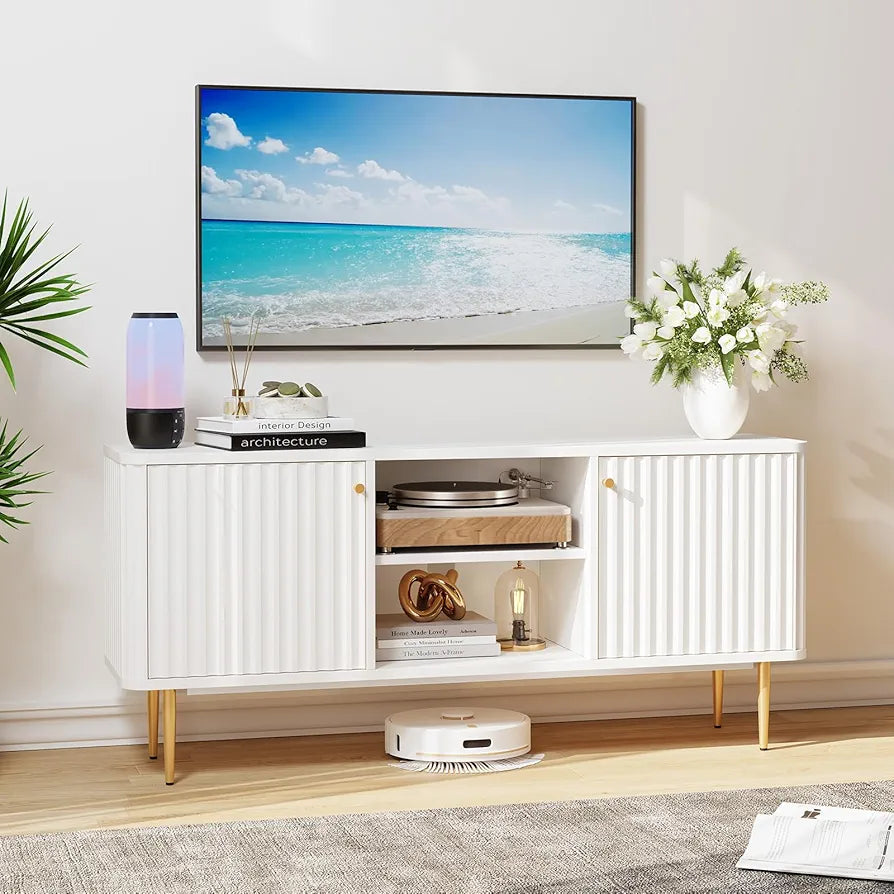 Cabinet 55 Inch, Fluted Modern Wooden TV Console Unit with Storage and 2 Doors, Blue Cabinets for 55/60/65 Inch Television, TV Tables for Living Room, Bedroom
