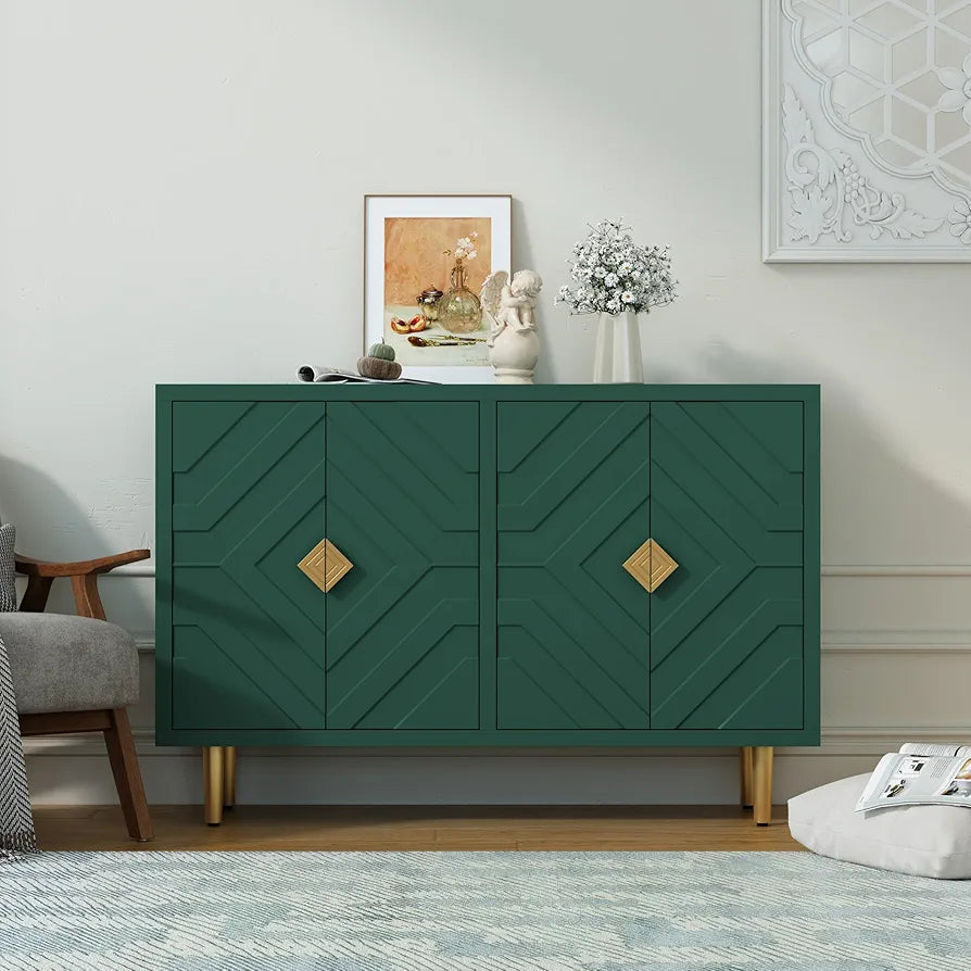 Sideboard with 4 Doors and Shelves, Buffet Table Storage Cabinet Morden Kitchen Cupboard for Kitchen, Living Room, Dining Room, Hallway,Green