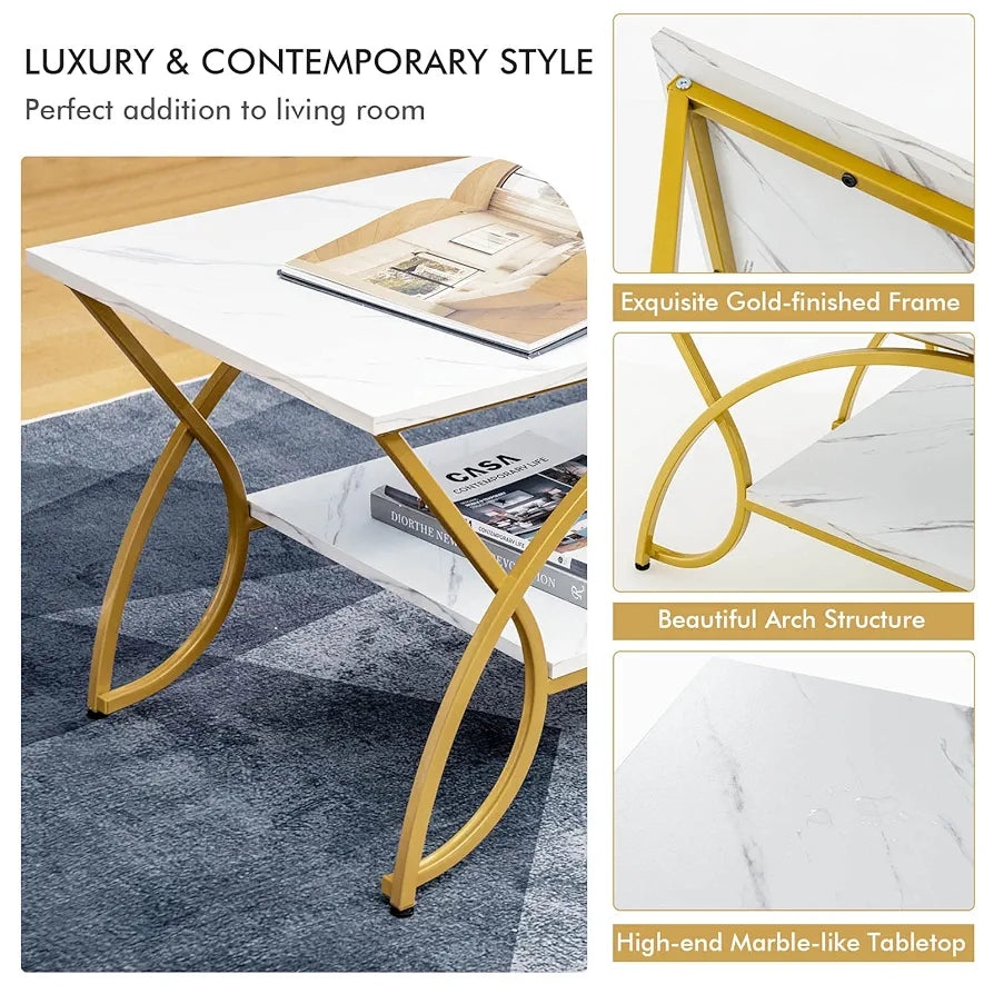 2-Tier Coffee Table, Marble Effect/Vintage Cocktail Center Table with Storage Shelf, Metal Frame Wooden Accent Sofa Side Tea Table for Living Room, Bedroom and Office (Golden & White)