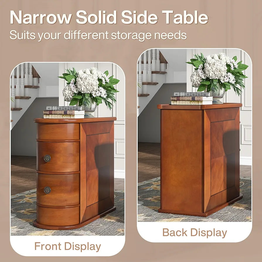 Solid Wood Side Table, 2-Drawer Narrow End Table Slim Chair Side Table, Bedside Tables, No Assembly Required, Finished Back, Walnut