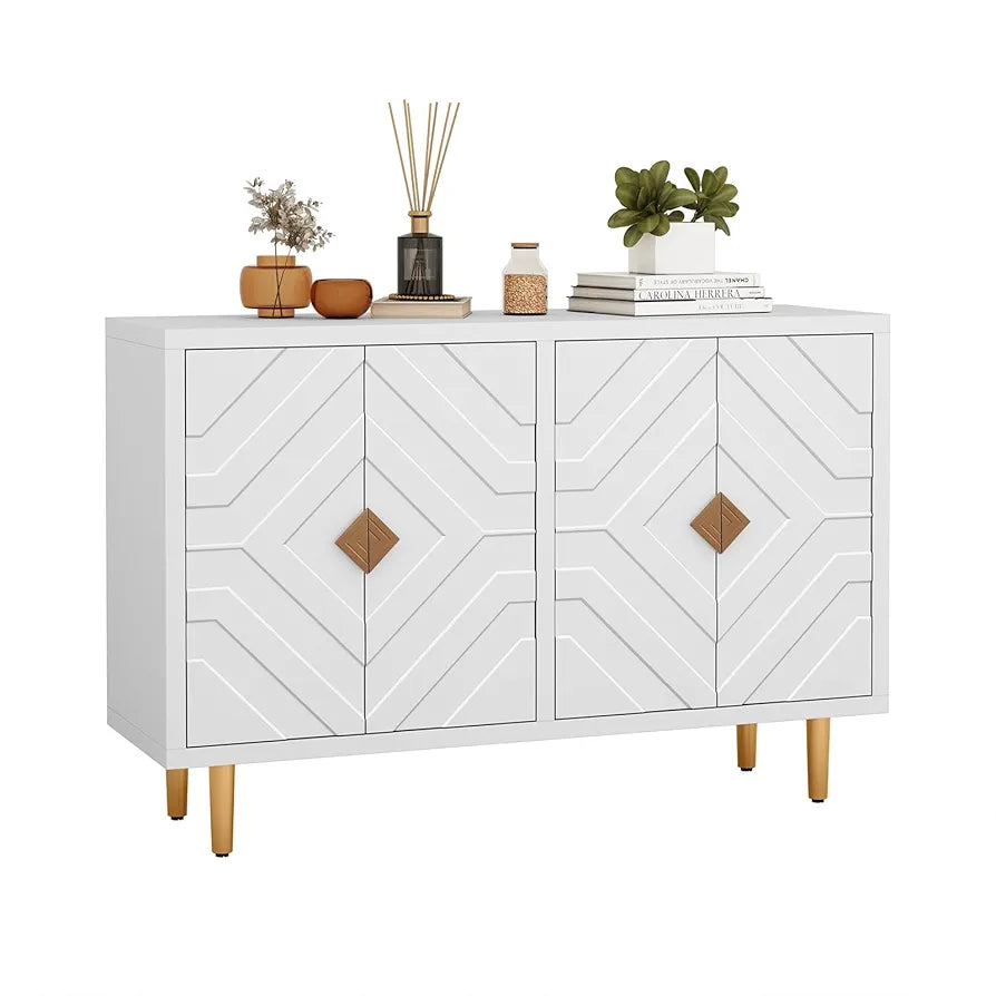 Sideboard with 4 Doors and Shelves, Buffet Table Storage Cabinet Morden Kitchen Cupboard for Kitchen, Living Room, Dining Room, Hallway,White