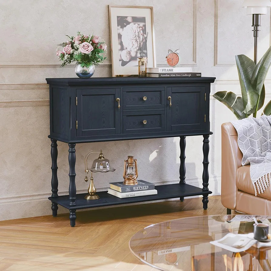 Console Table with Drawers and Storage Cabinets, Blue Entryway Table Wooden Narrow Console & Sofa Tables for Hallway, Living Room, Bedroom