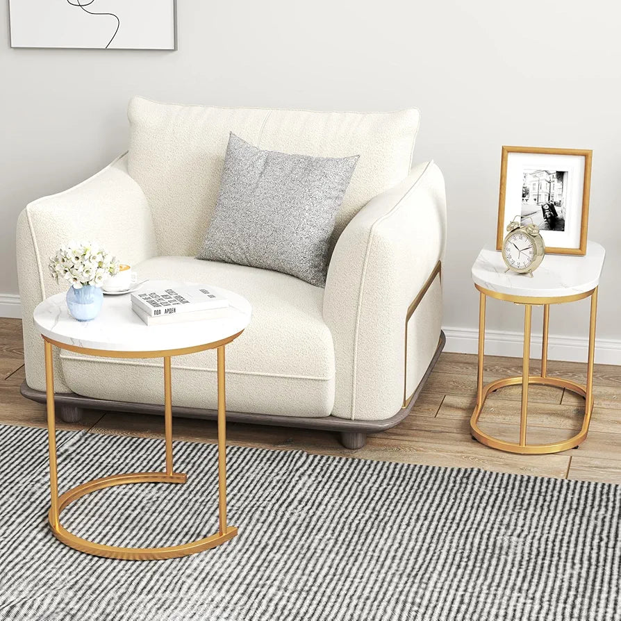 Nesting Coffee Tables Set of 2, Marble Effect Stackable Sofa Side Table, Metal Frame Accent Snack Tea End Table for Living Room, Bedroom and Balcony (Marble+Golden, 50cm Round+60cm Oval)