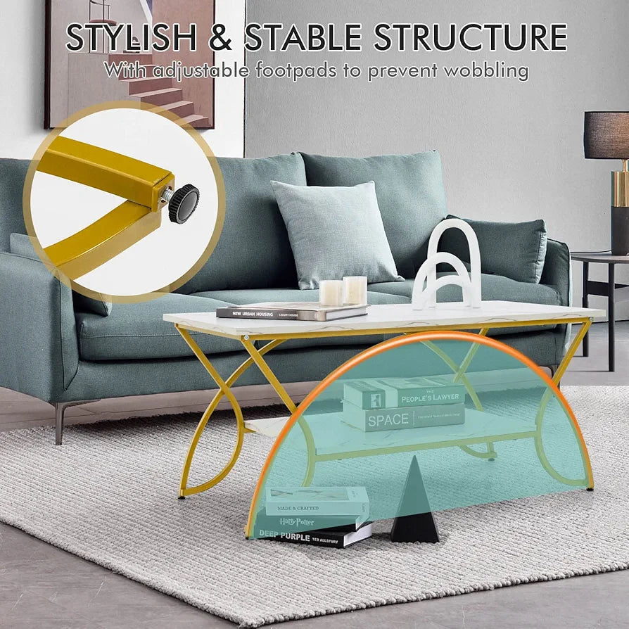 2-Tier Coffee Table, Marble Effect/Vintage Cocktail Center Table with Storage Shelf, Metal Frame Wooden Accent Sofa Side Tea Table for Living Room, Bedroom and Office (Golden & White)