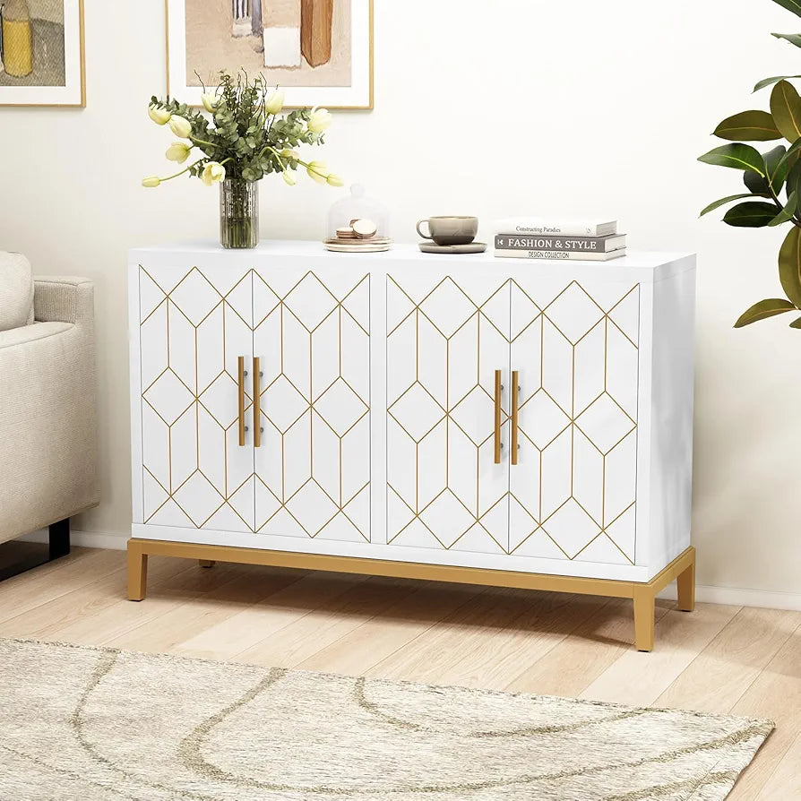 Wooden Kitchen Sideboard, Cabinet Storage Cupboard with 4 Doors, Modern Storage Cabinet with Gold Trim, Buffet Cabinet for Living Room, Kitchen, Dining Room, Hallway,White
