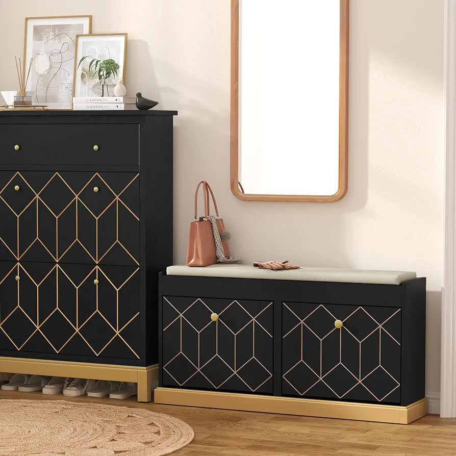Storage with Seat, Black Shoe Cabinet Cupboard with Cushion & Flip-Drawer, Shoes Storage Cabinet for Hallway, Entryway